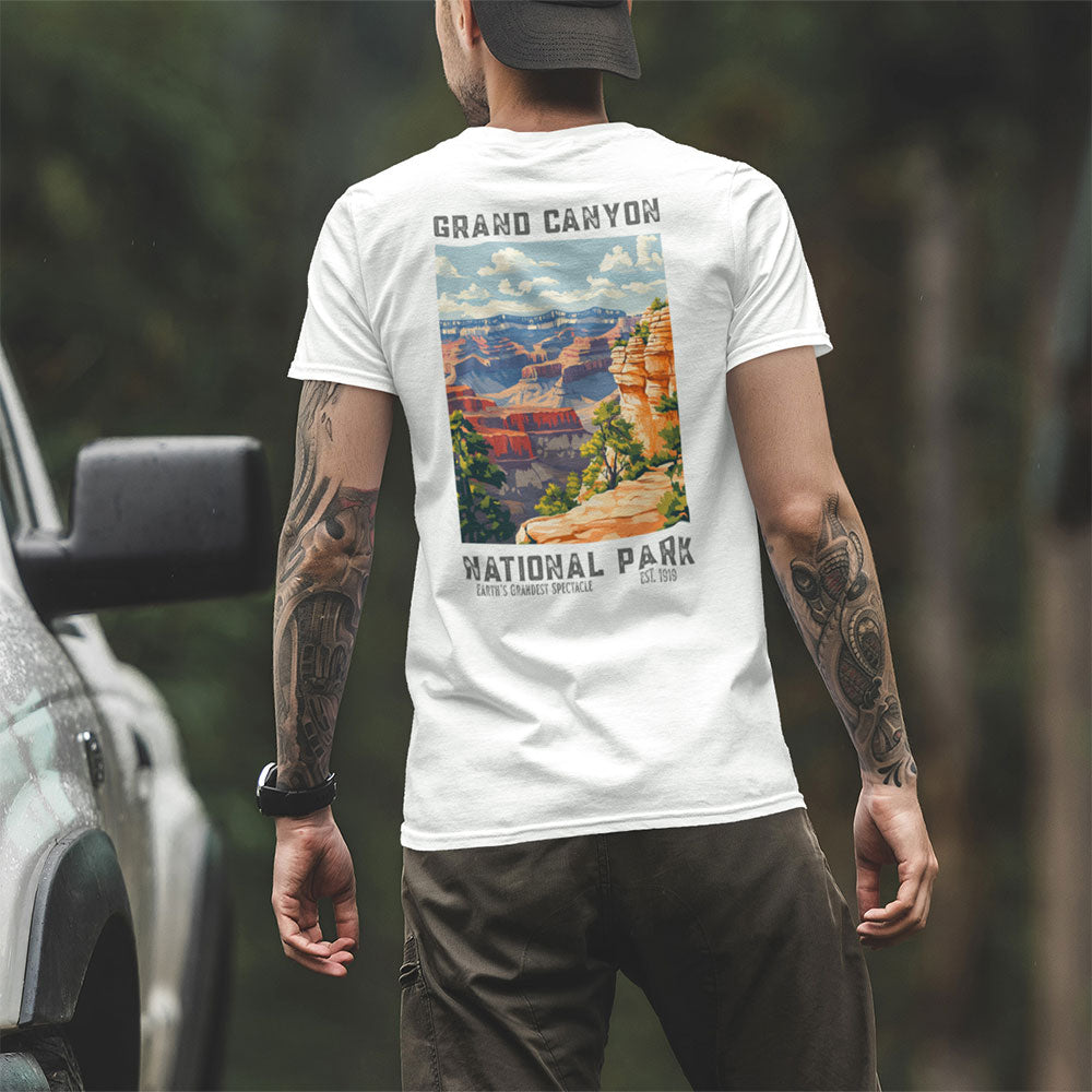 man wearing Retro Grand Canyon National Park T-shirt near truck