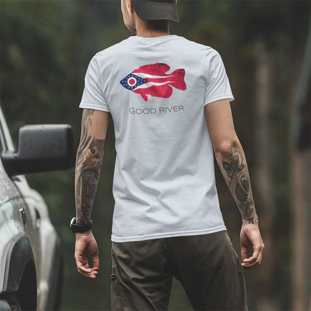 man wearing GOOD RIVER Fish Ohio Rock Bass T-shirt