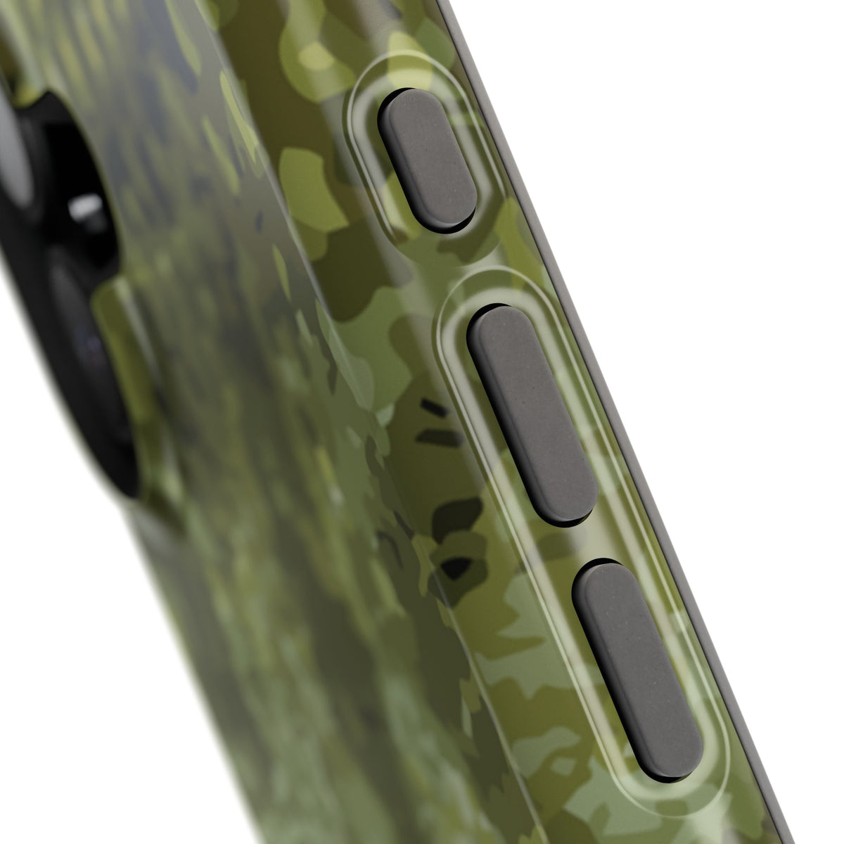Close-up of the side buttons of a smartphone case featuring a Muskie pattern, set against a plain white background.