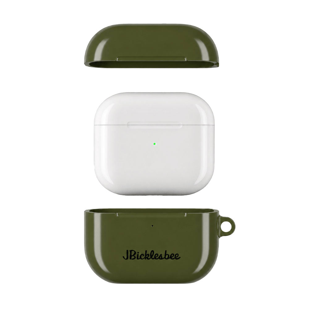 Exploded view of an OD green AirPods case with top and bottom cover pieces surrounding the AirPods charging case