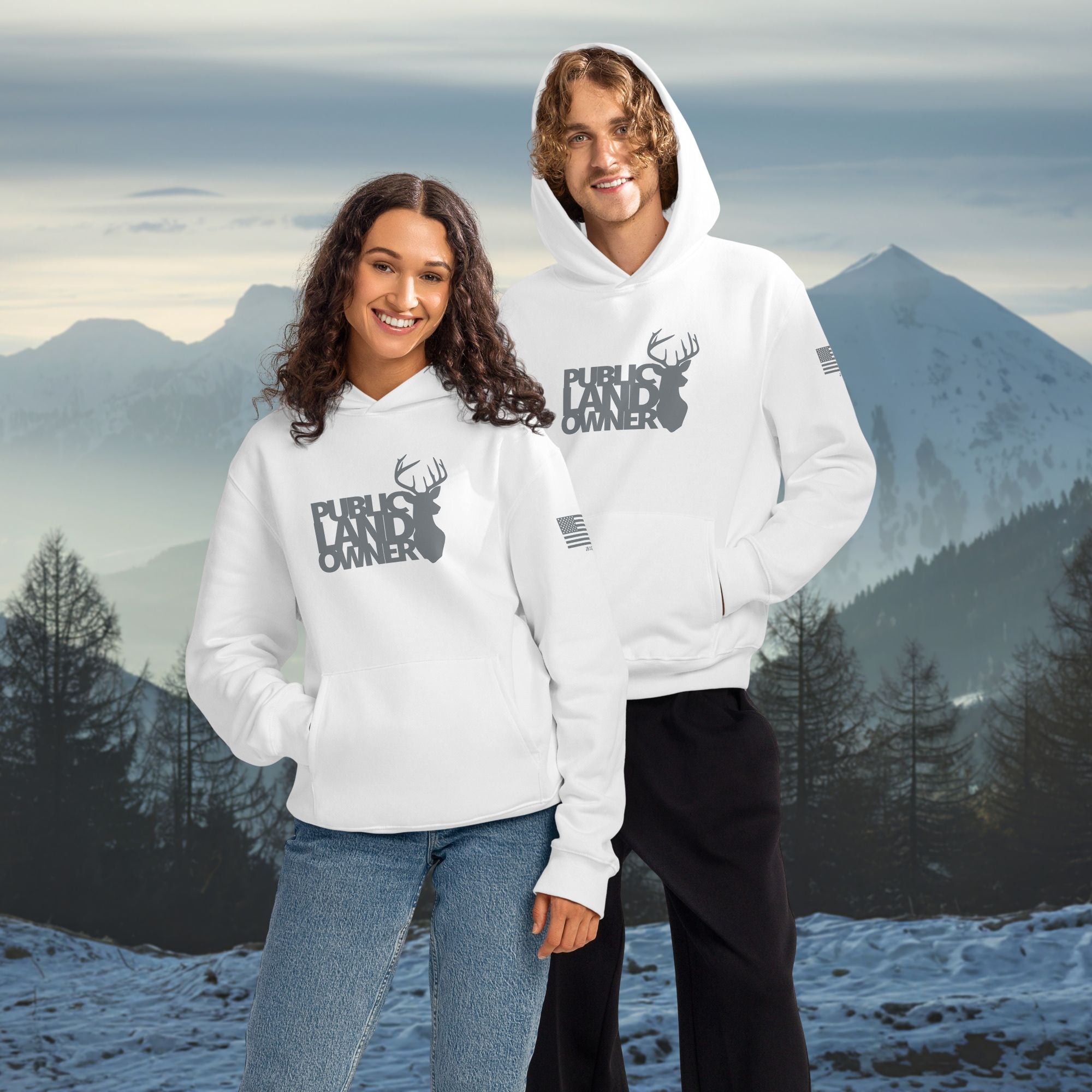 Public Land Owner Hoodie white on man and woman outside