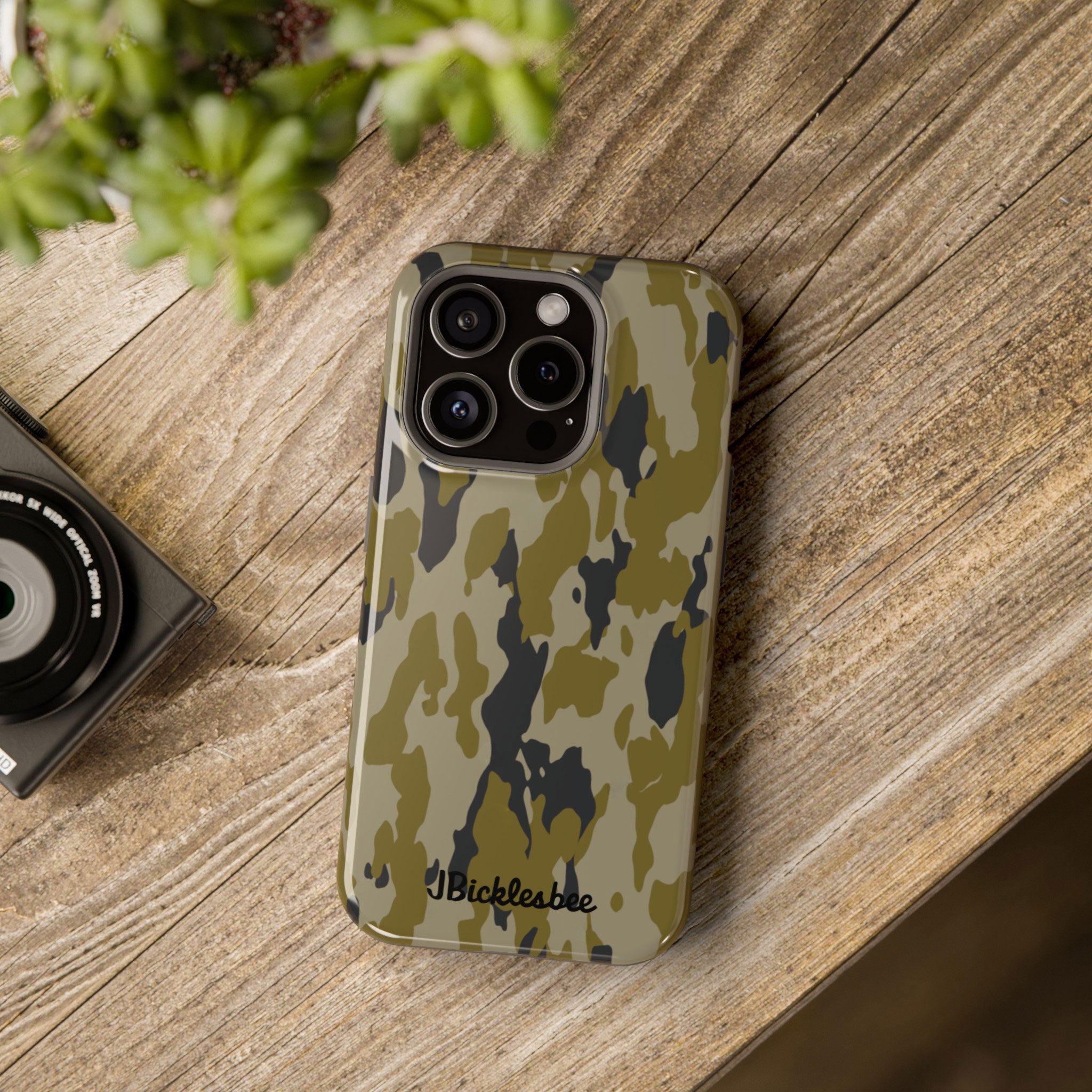Retro Bark Camo MagSafe Tough iPhone Case on a table