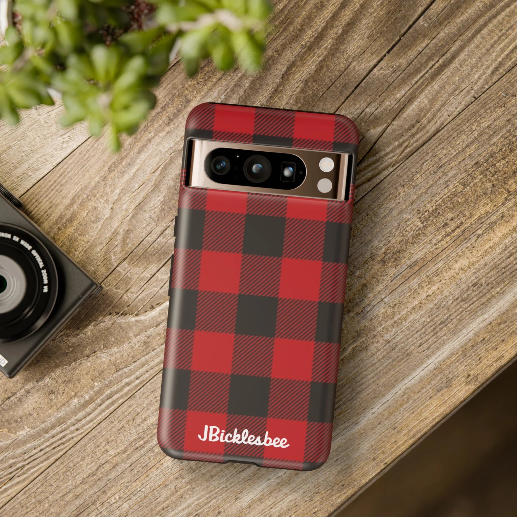Retro Hunting Plaid Pattern Pixel Tough Case on table