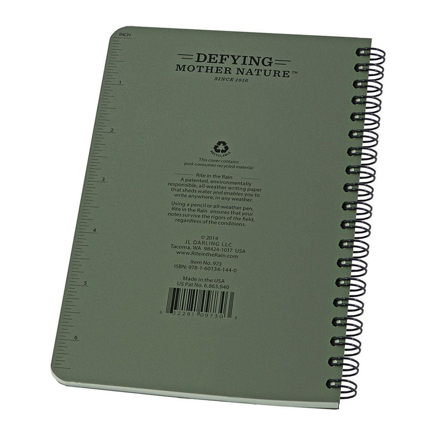 Back view of Rite in the Rain No. 973 green waterproof field notebook