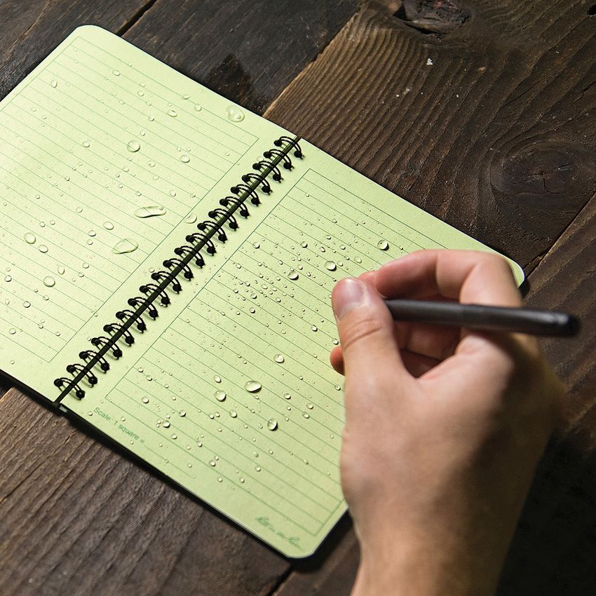 Rite in the Rain No. 973 waterproof notebook open with wet pages for all-weather writing