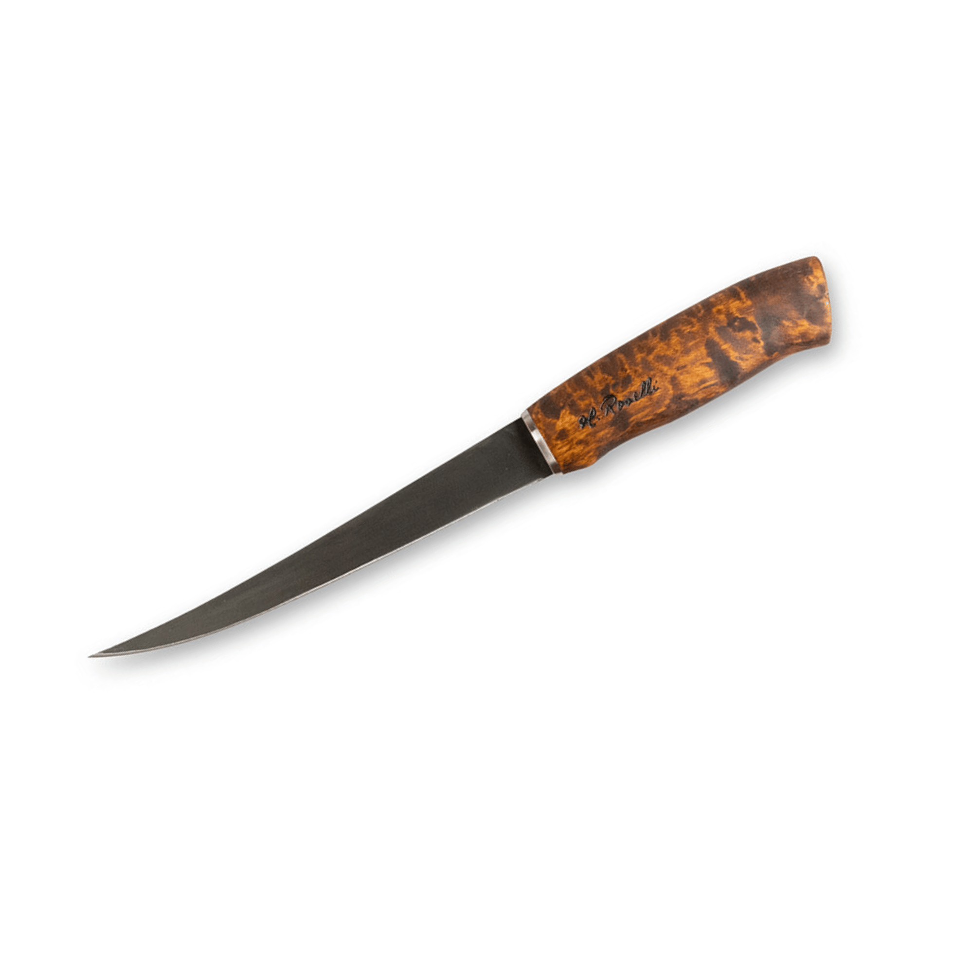 Roselli Big Fillet Knife with 190 mm carbon steel blade and curly birch handle