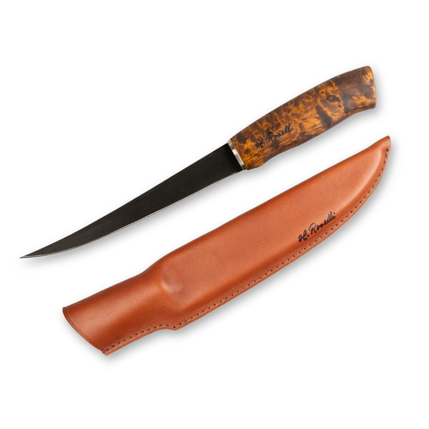 Roselli Big Fillet Knife with stained curly birch handle and leather sheath