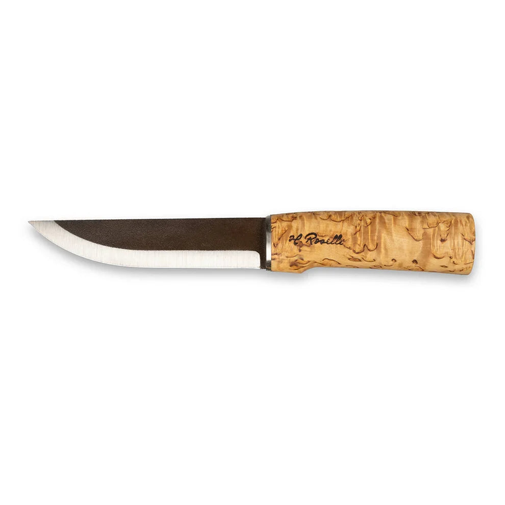 Roselli Long Hunting Knife with 140 mm forged carbon steel blade and curly birch handle