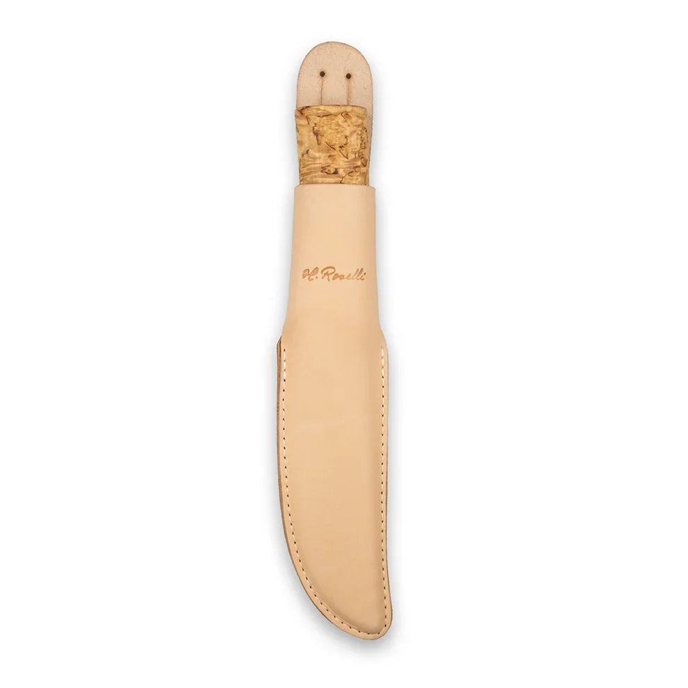Roselli Long Hunting Knife stored in its vegetable-tanned Finnish leather sheath