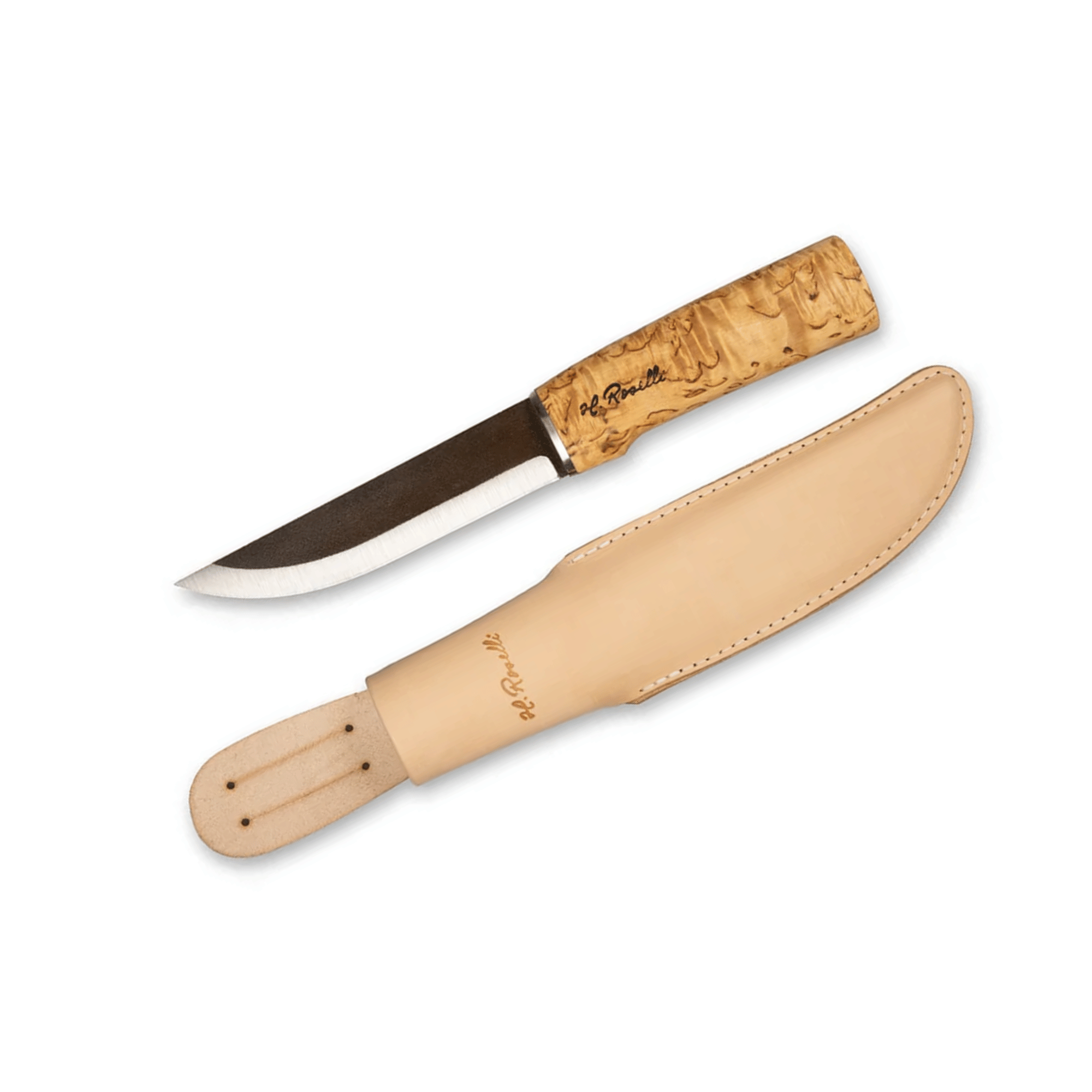 Roselli Long Hunting Knife with forged carbon steel blade, curly birch handle, and leather sheath