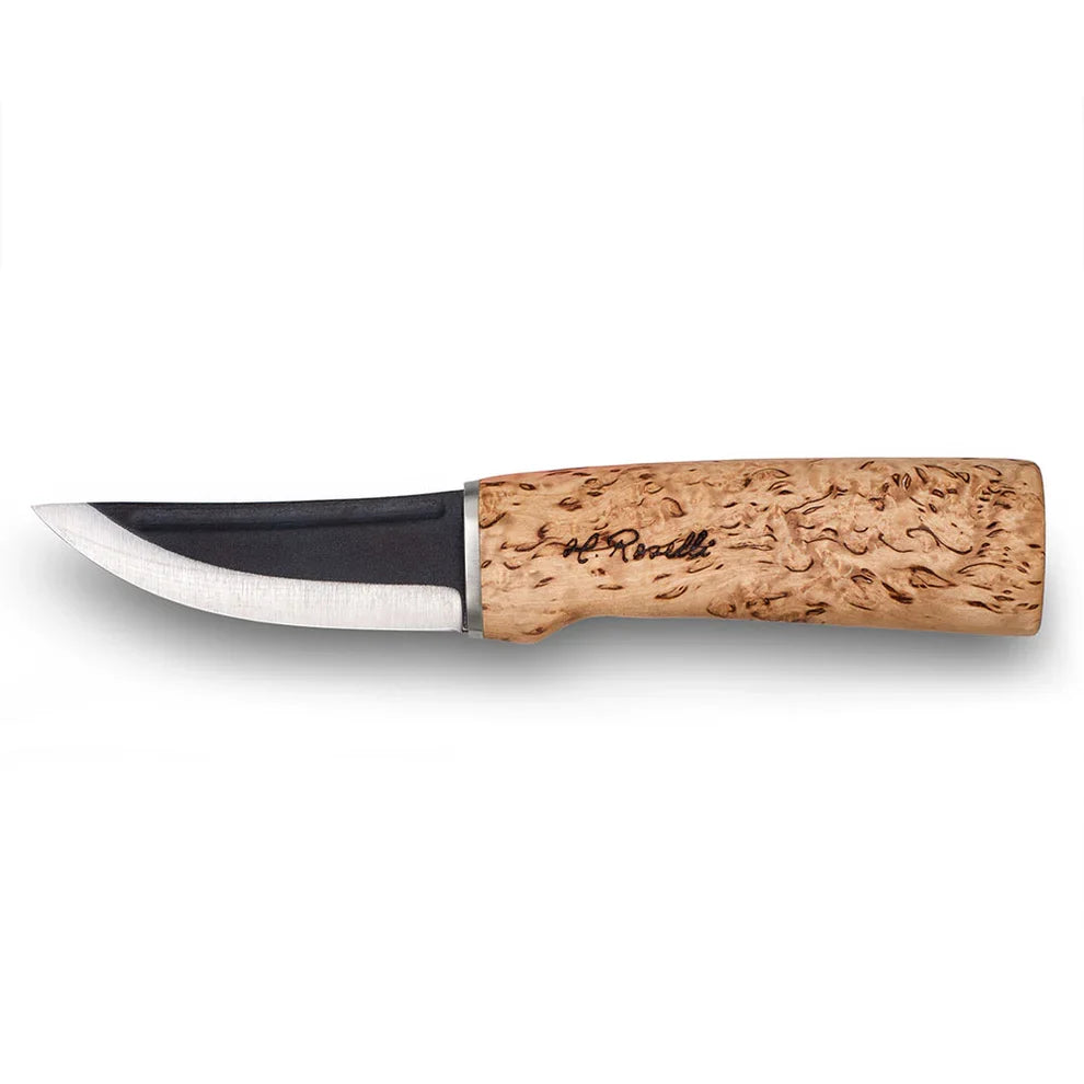Roselli R100 Hunting Knife with 100 mm forged carbon steel blade and curly birch handle