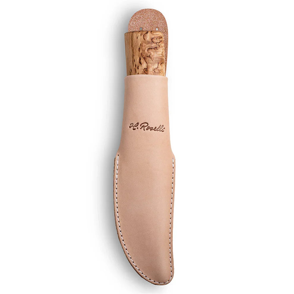 Roselli R100 Hunting Knife stored in its vegetable-tanned Finnish leather sheath