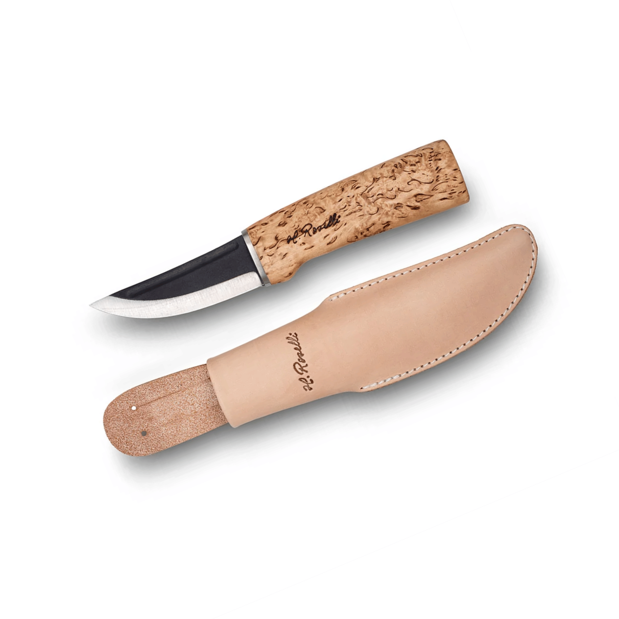 Roselli R100 Hunting Knife with forged carbon steel blade, curly birch handle, and leather sheath