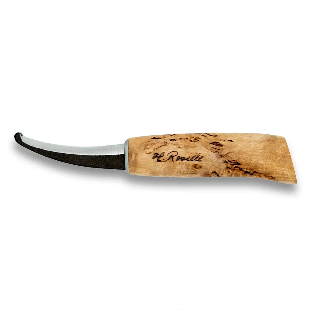 Roselli R161 Opening Knife with blunt-tip carbon steel blade and curly birch handle