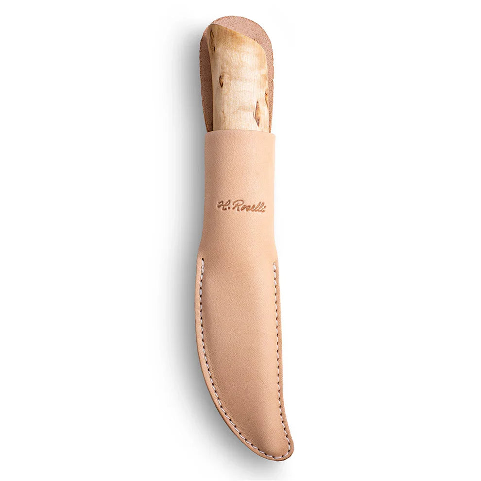 Roselli R161 Opening Knife stored in its vegetable-tanned Finnish leather sheath