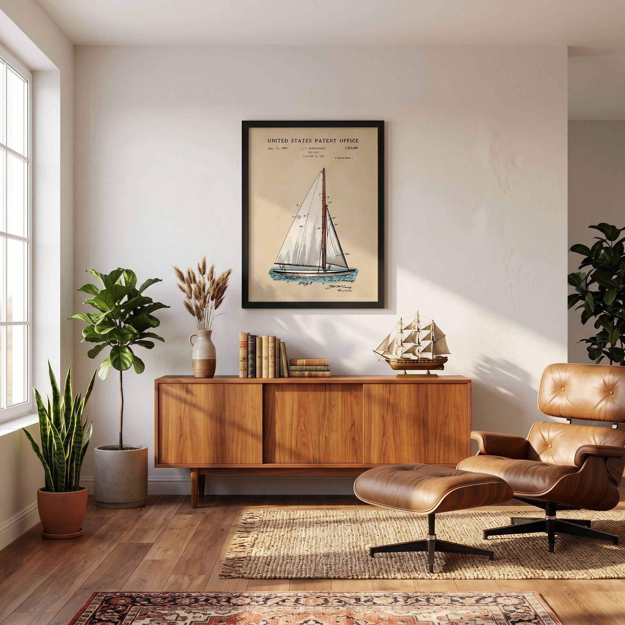 Vintage Sailboat patent print displayed in a coastal or sailing-inspired room