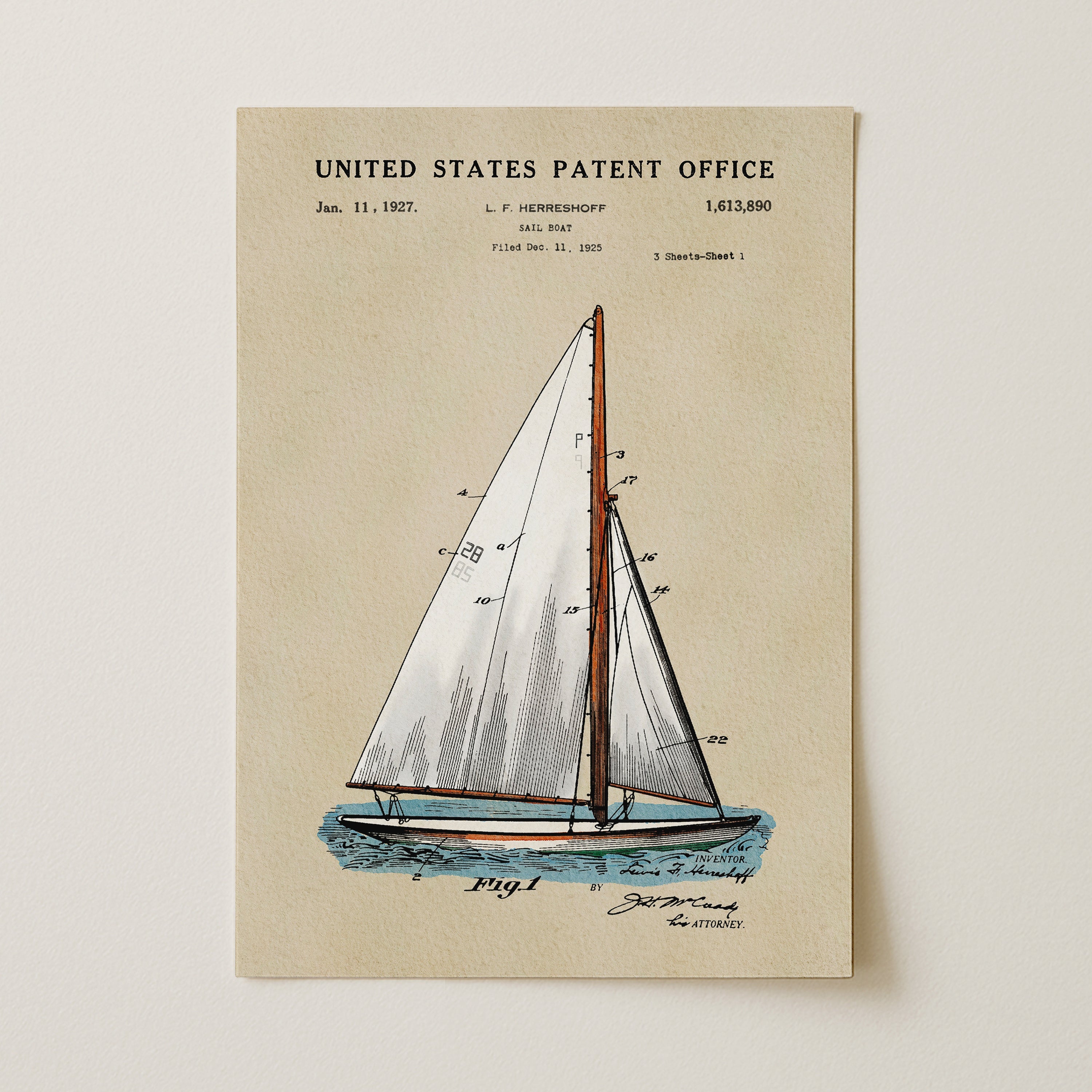Unframed Sailboat patent print featuring Lewis Francis Herreshoff’s 1927 design