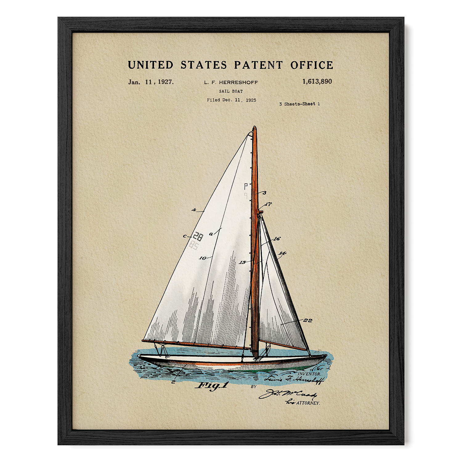 Sailboat patent print displayed as vintage sailing wall art