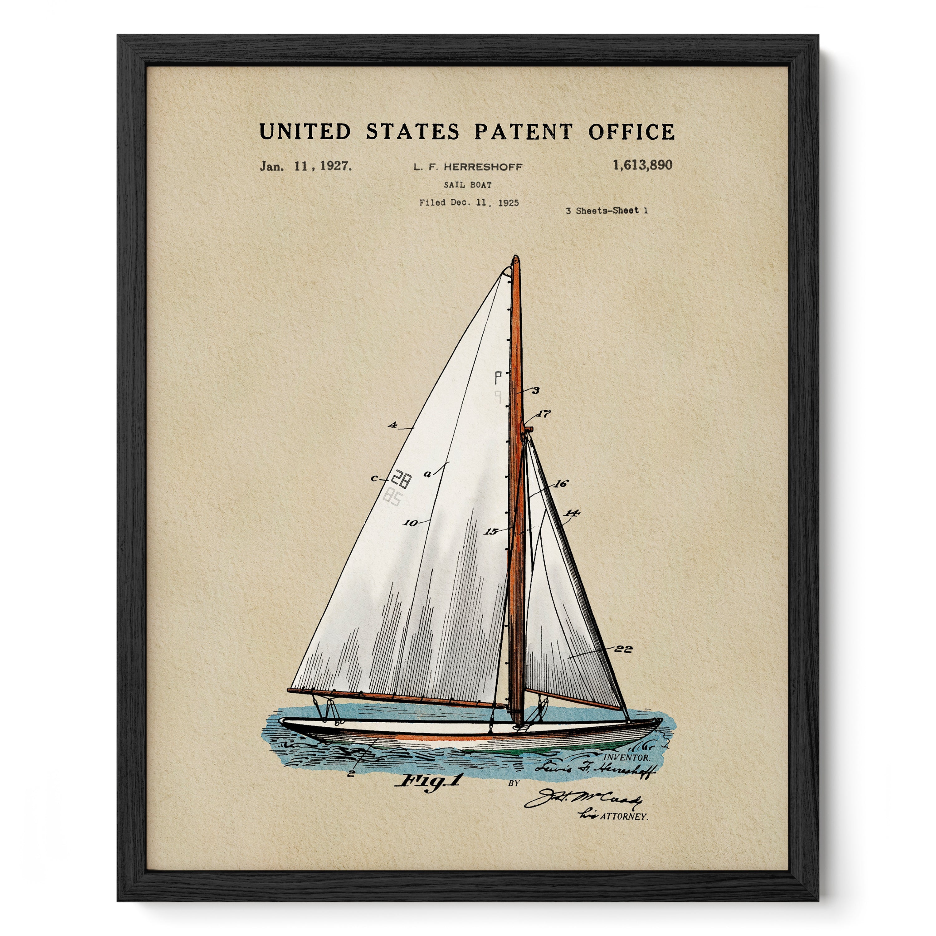 Watercolor Sailboat patent print inspired by Lewis Francis Herreshoff’s 1927 design