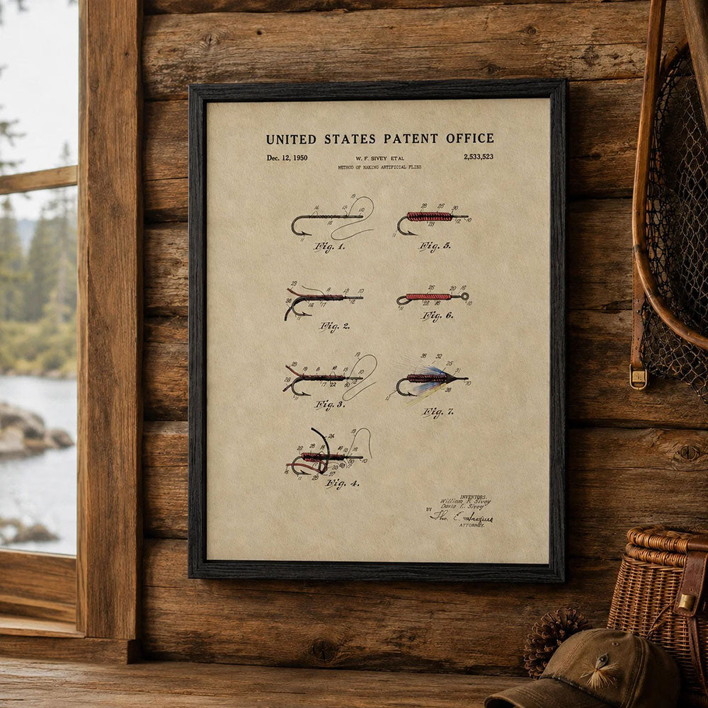 Vintage fishing fly patent print framed on a rustic cabin wall with lake view and fishing gear