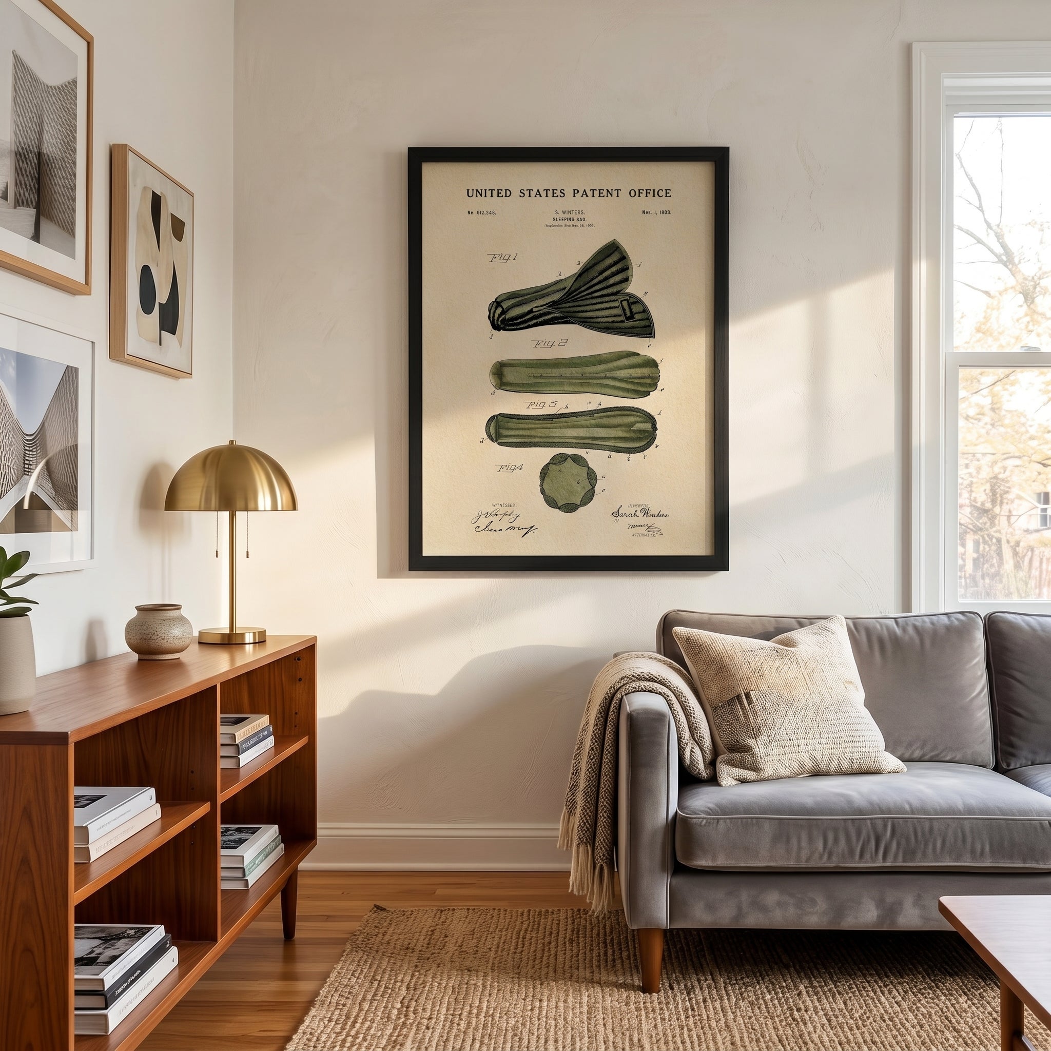 Framed Sleeping Bag patent print displayed as classic camping wall art in a warm interior.