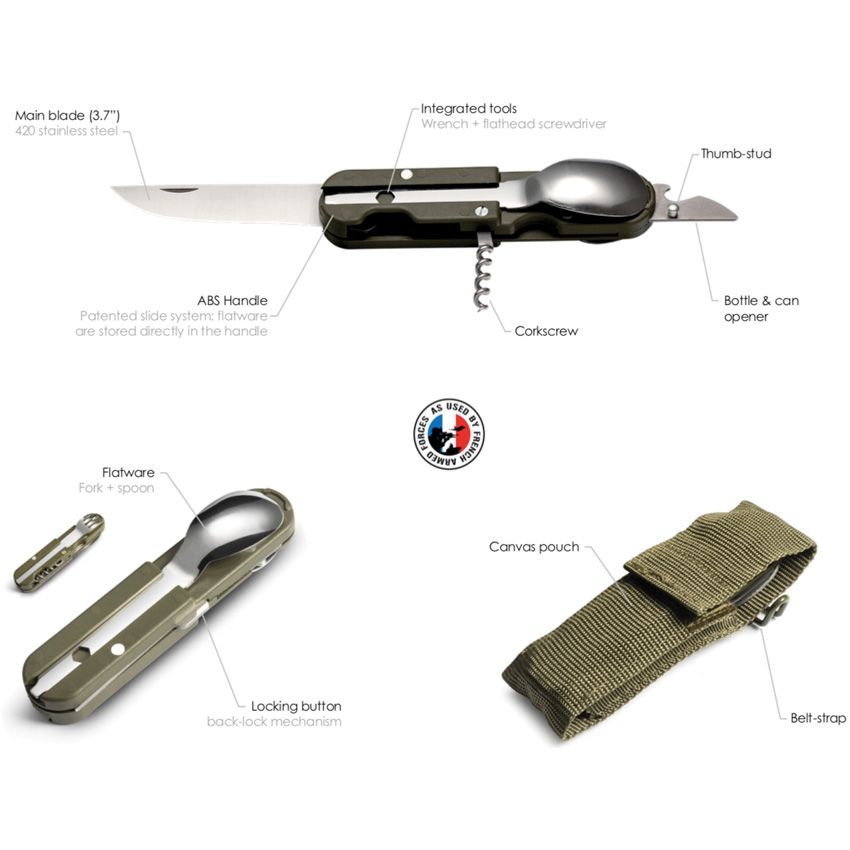 TB Bivouac French Army Camp Knife feature overview showing blades, spoon, fork, corkscrew and OD green handle