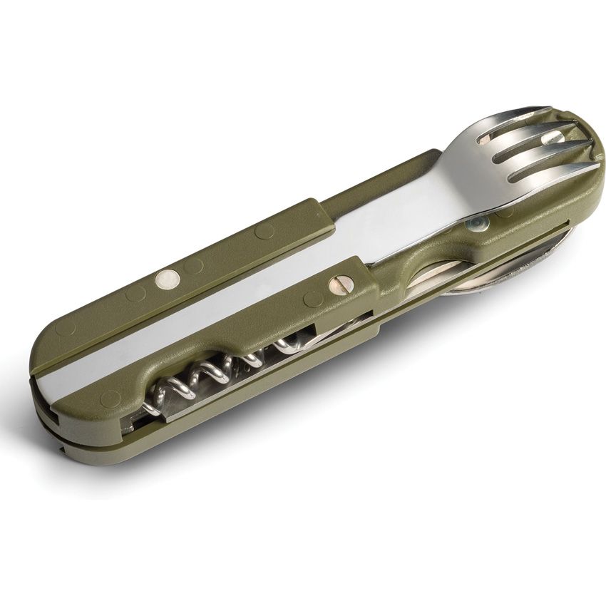Left side view of the TB Bivouac French Army Camp Knife in OD green