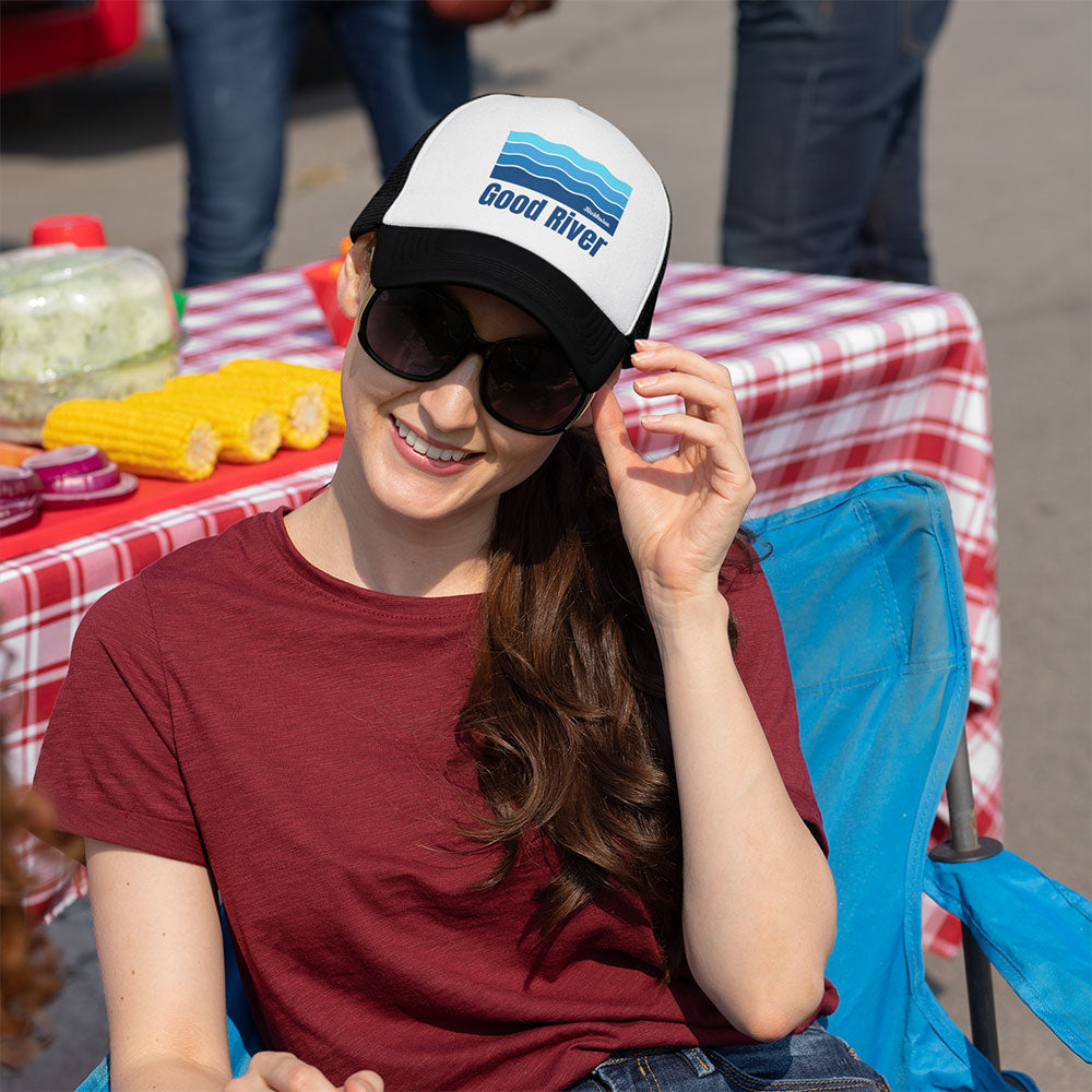 woman wearing Retro Good River Trucker Hat