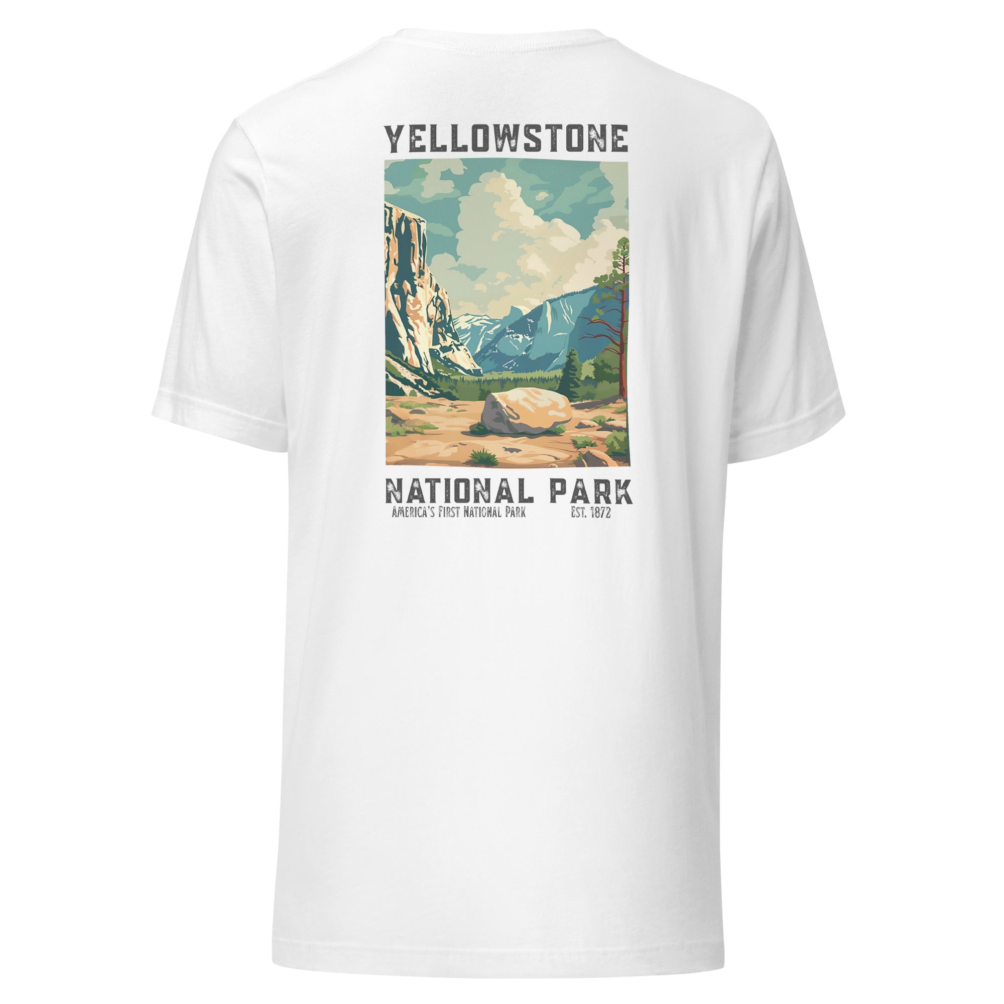 Vintage Yellowstone National Park T-shirt featuring retro travel poster artwork – white color