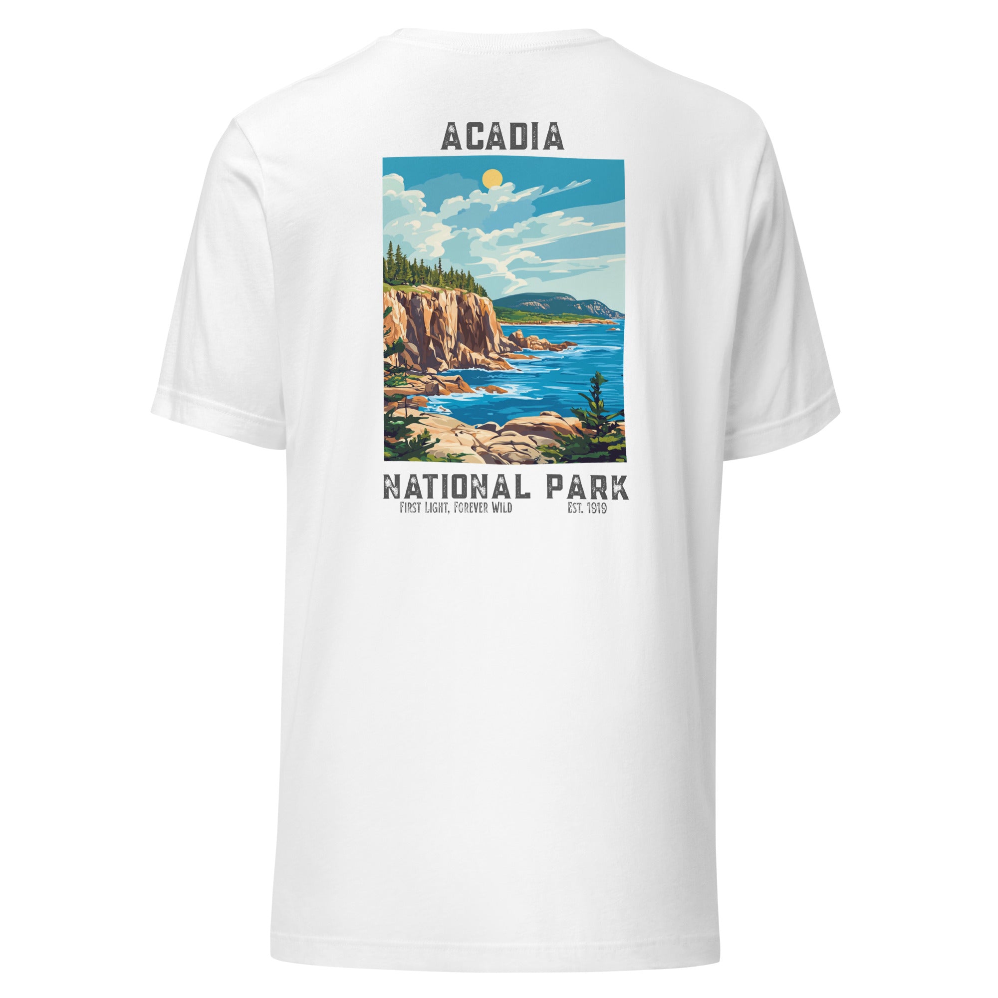 Back of white Acadia National Park T-shirt highlighting breathable cotton and unisex cut