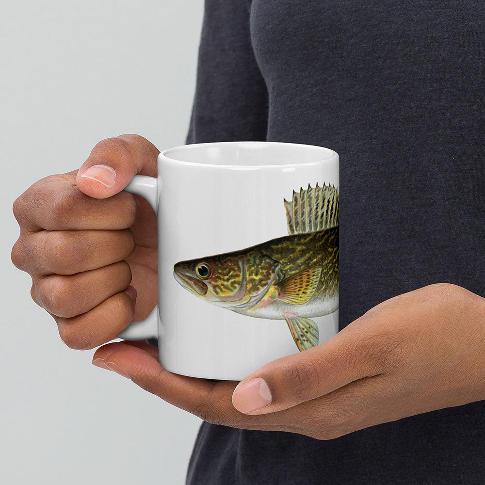 walleye coffee mug in hand