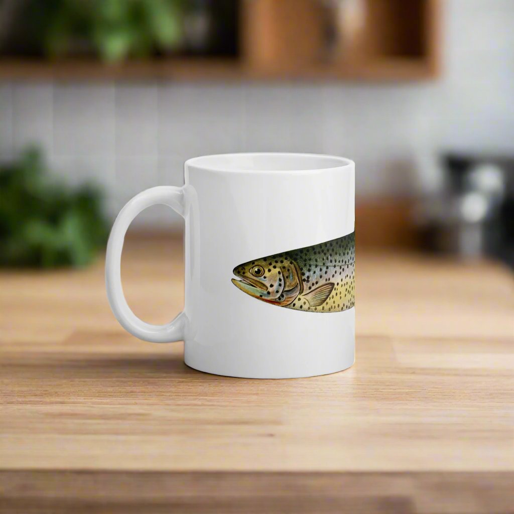 tahoe trout coffee mug on a kitchen table
