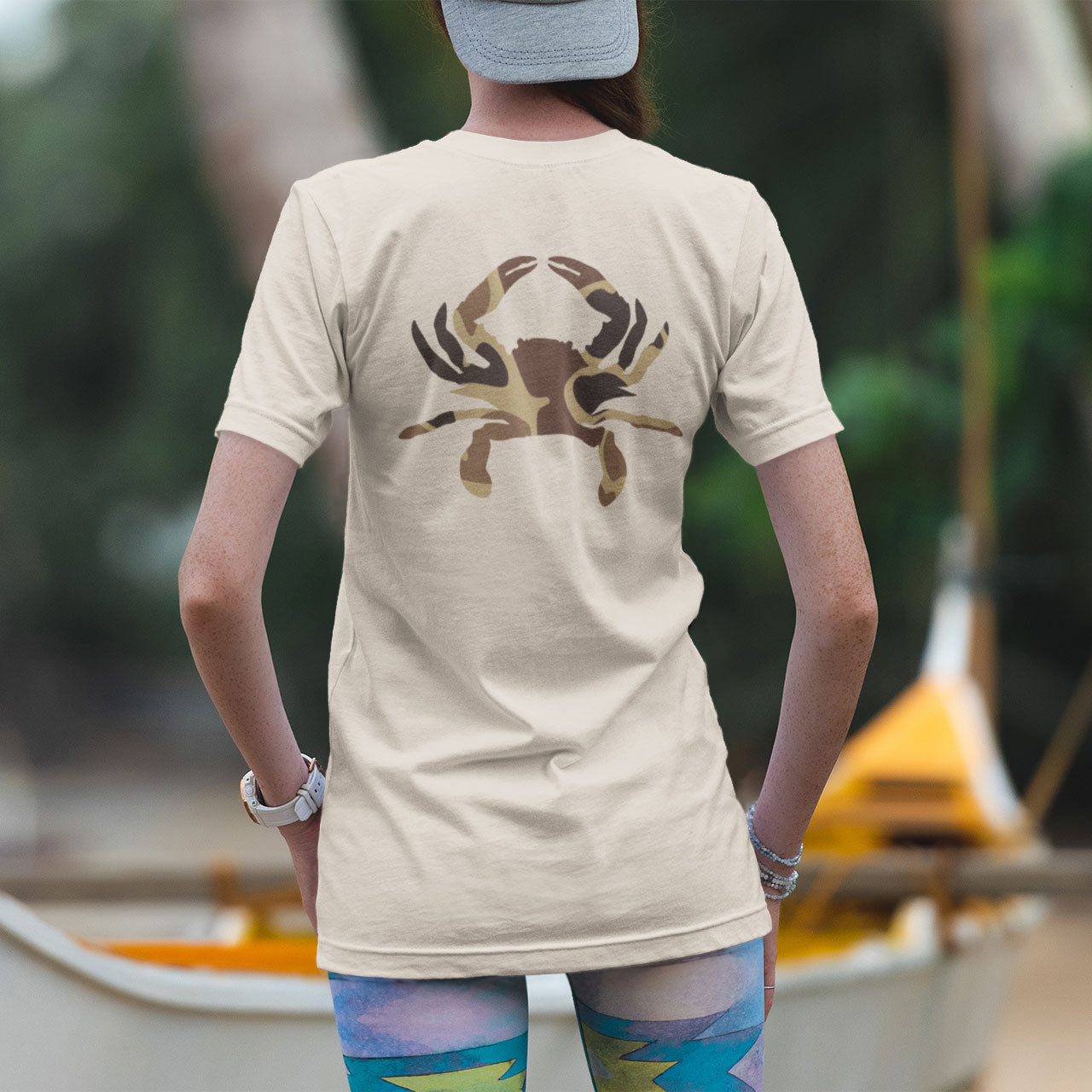back view woman wearing Vintage Duck Camo Crab T-shirt