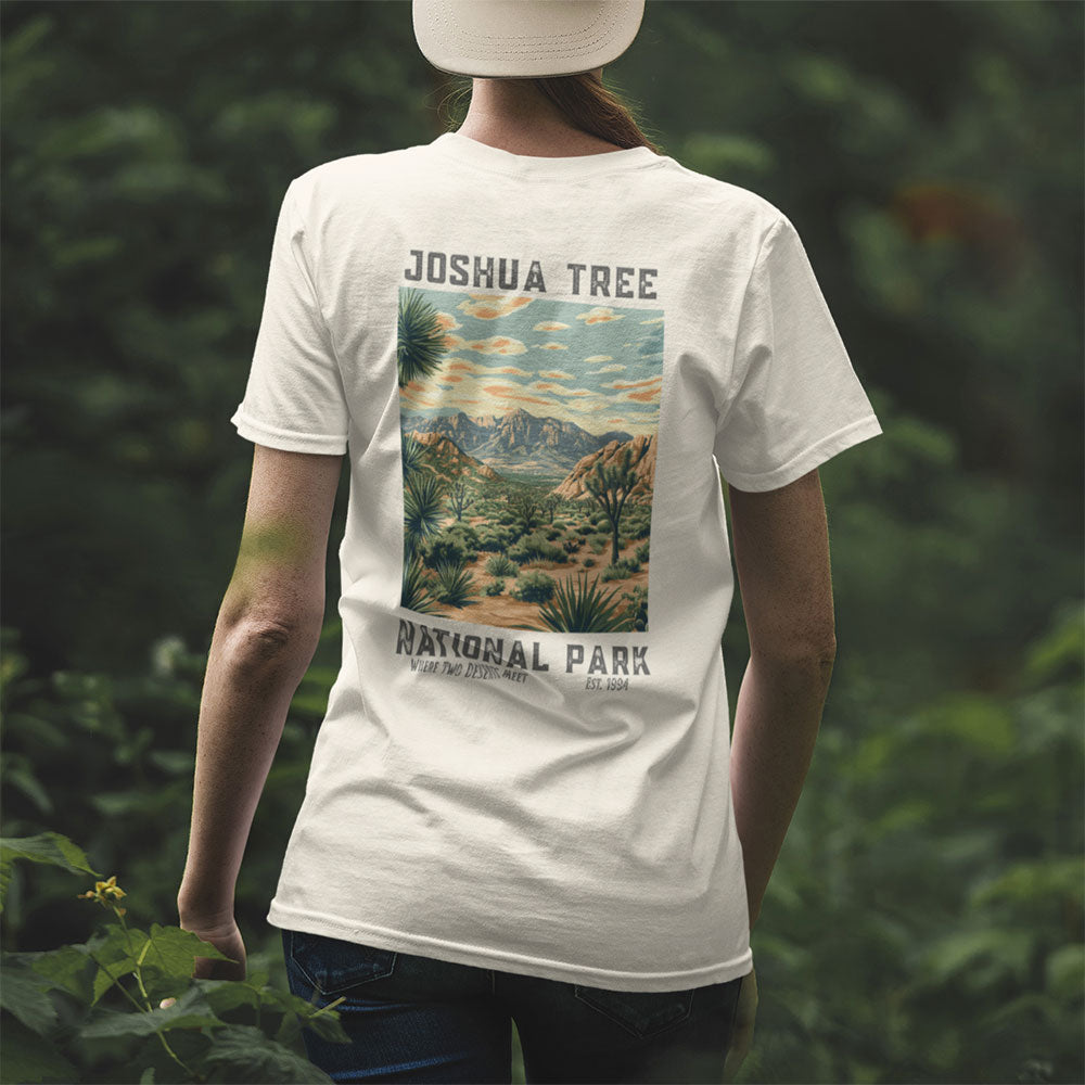 woman wearing Retro Joshua Tree National Park T-shirt in forest
