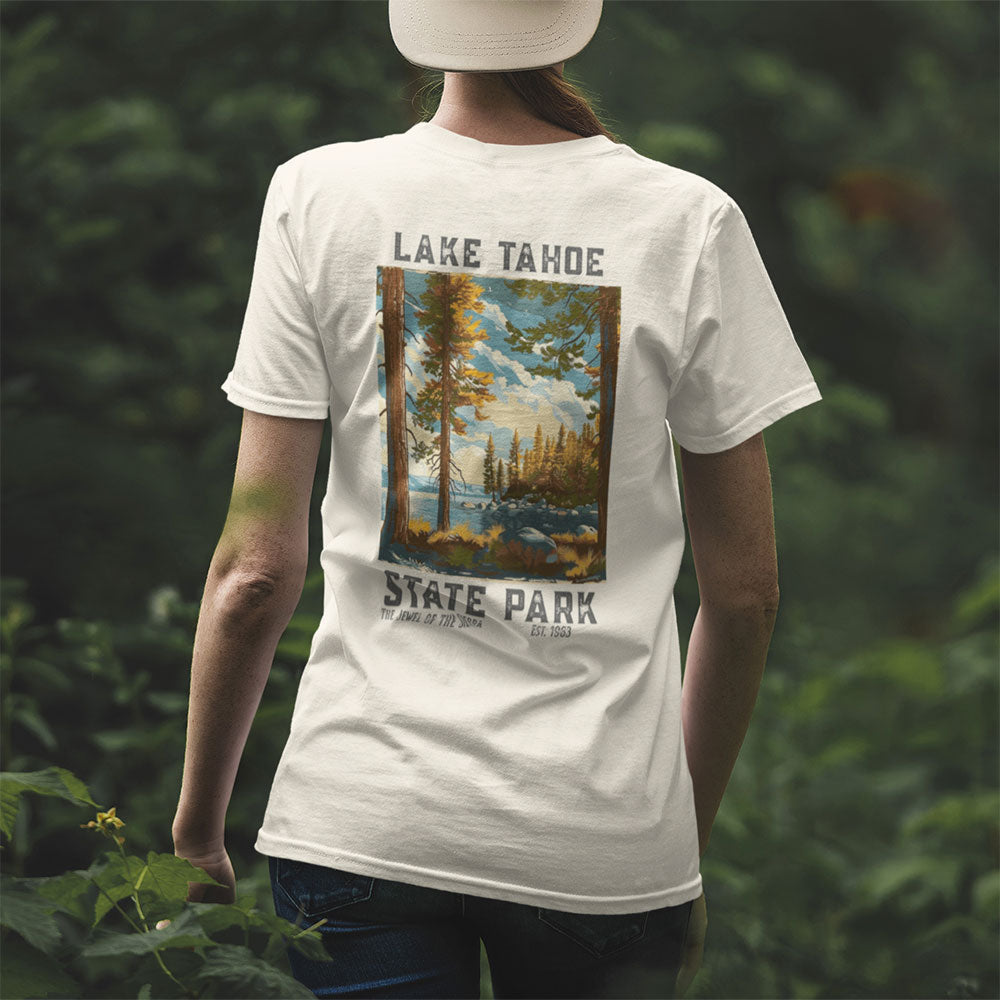 woman wearing Retro Lake Tahoe State Park T-shirt in forest