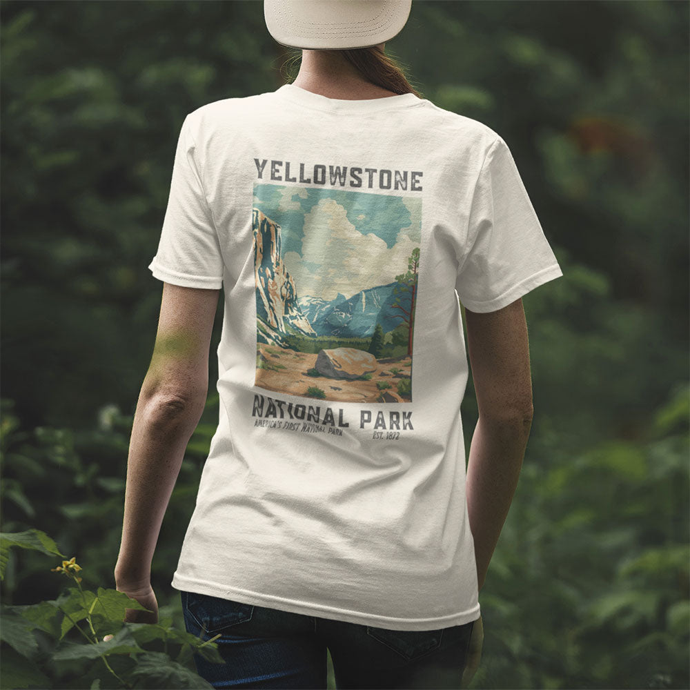 woman wearing yellowstone national park t-shirt in forest