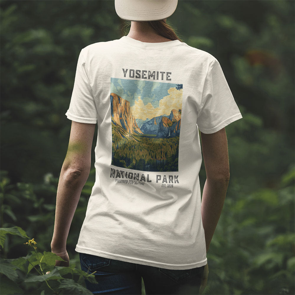 woman wearing Retro Yosemite National Park T-shirt in forest
