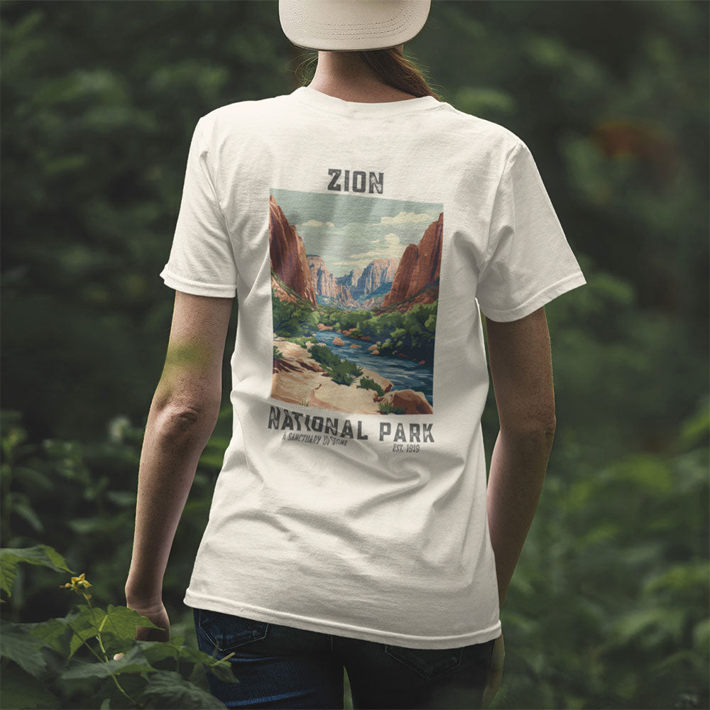 woman wearing Retro Zion National Park T-shirt in forest