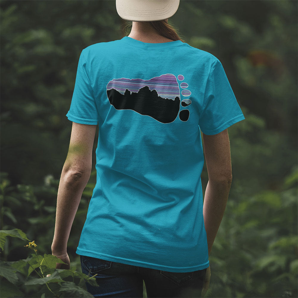 woman wearing BELIEVE Bigfoot Sasquatch T-shirt