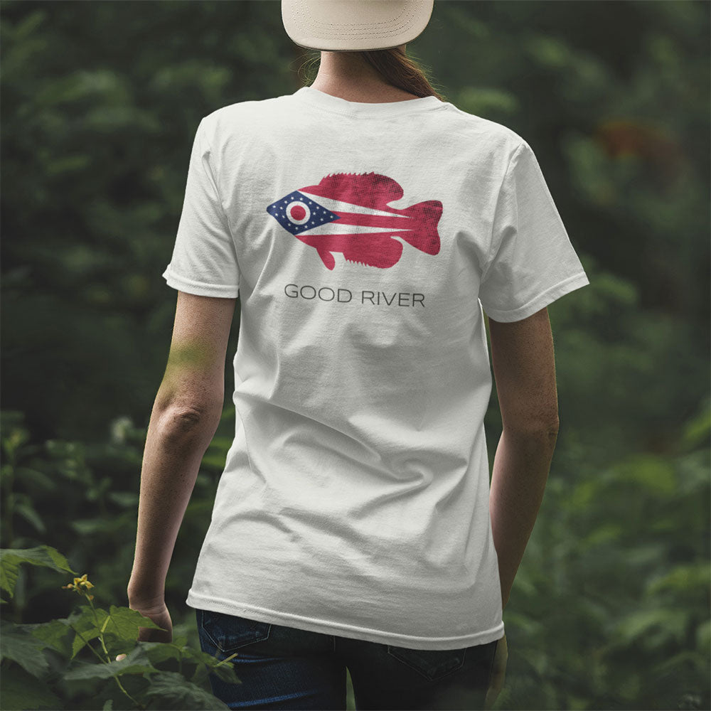 woman wearing GOOD RIVER Fish Ohio Rock Bass T-shirt