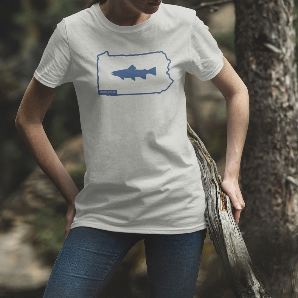 woman wearing Keystone State Line Trout Fishing t-shirt in the forest 