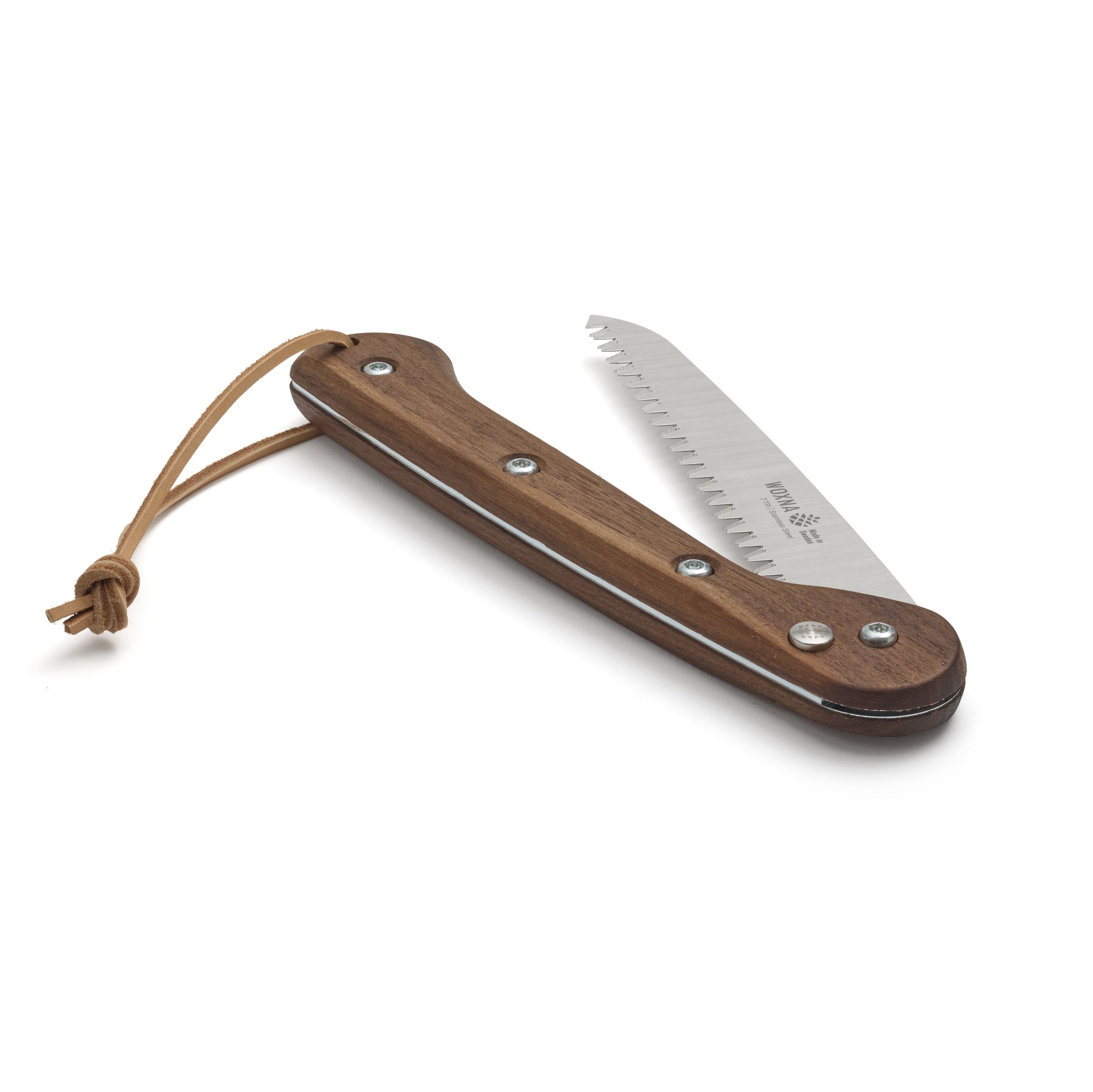 Woxna Ljusnan 7-inch foldable saw partially folded with walnut handle and stainless steel blade